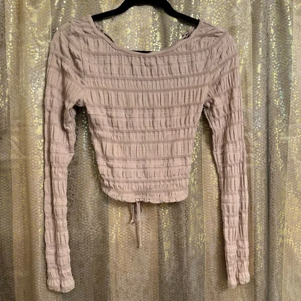 Free People Nude Tan Ruched Lace Up Back Long Sleeve Top XS